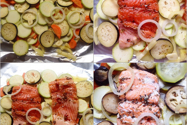 Форель, запеченная в фольге с сезонными овощами