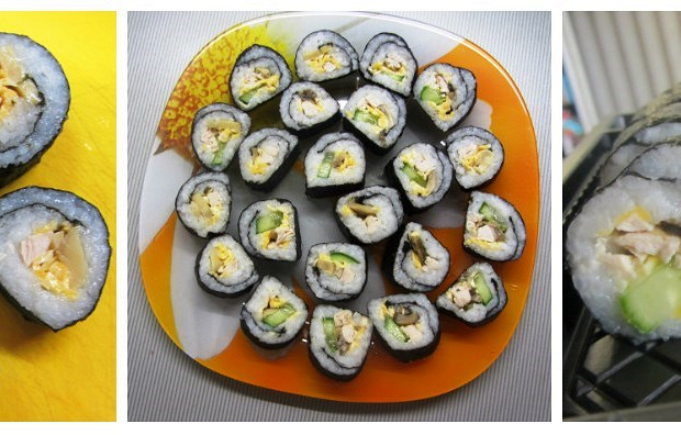 Теплые роллы с курицей, сыром и грибами